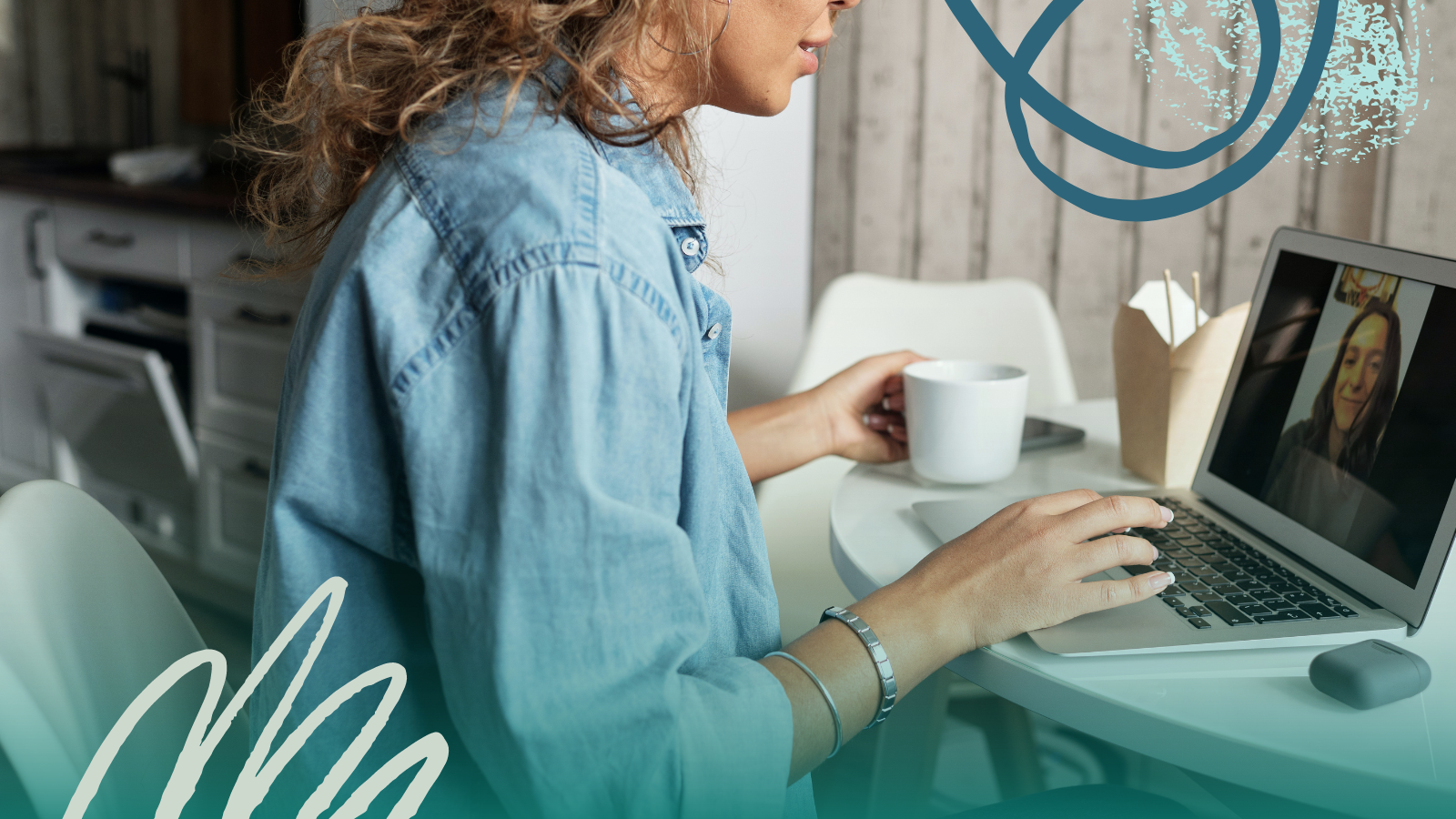 A coaching sitting at their kitchen table during lunch having a coaching session with someone. It is taking place through video call on their laptop.