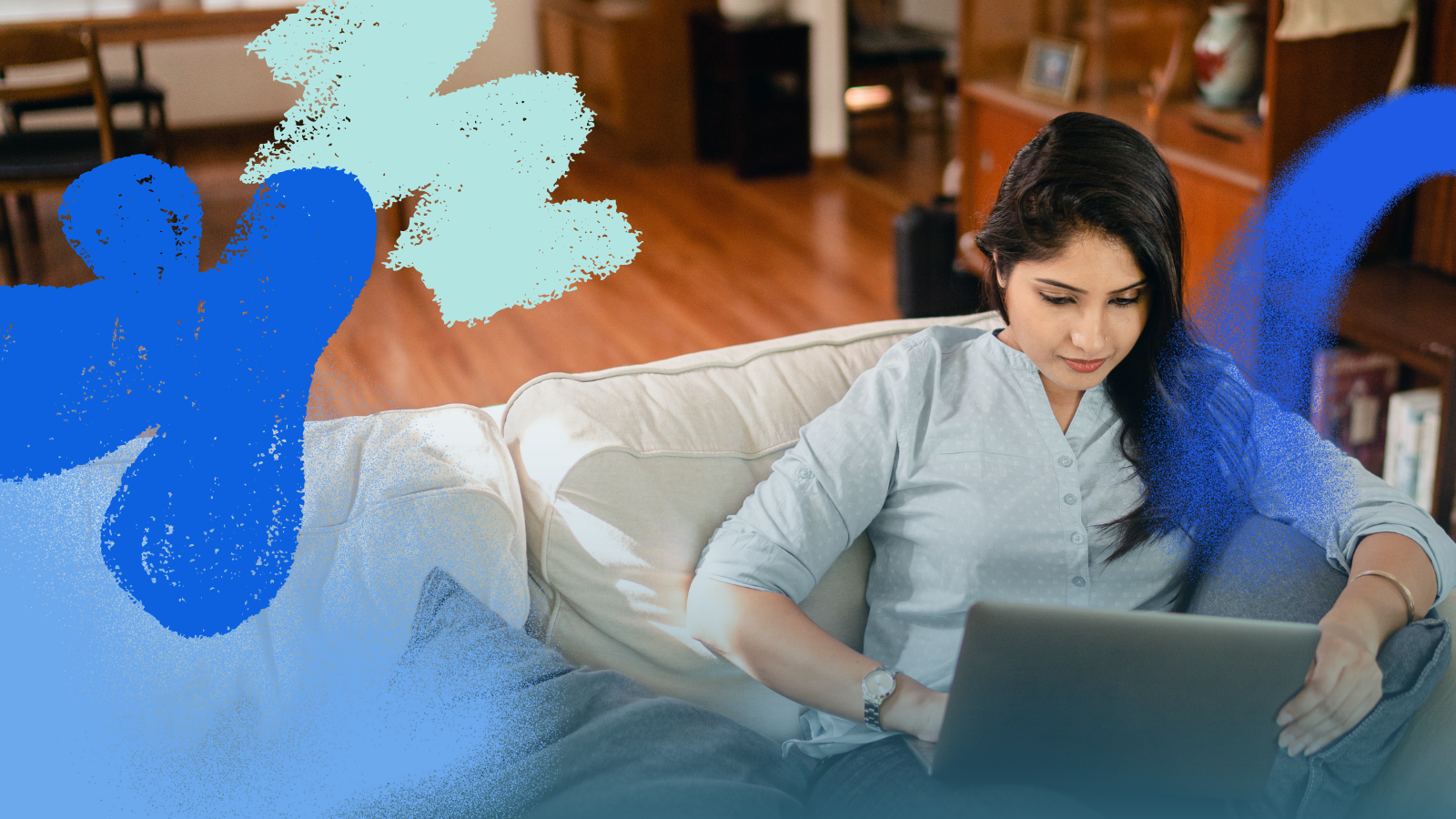 A young woman sits on a couch at home while looking down at her laptop placed on her lap. There are colorful sketch illustrations overlaying the image in vibrant blue and teal.